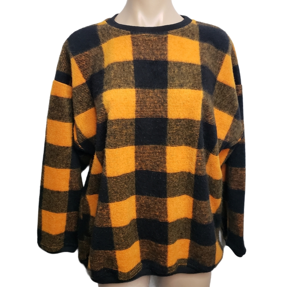 Vintage Yellow Black Soft Checkered Sweater Size M Fall Fashion